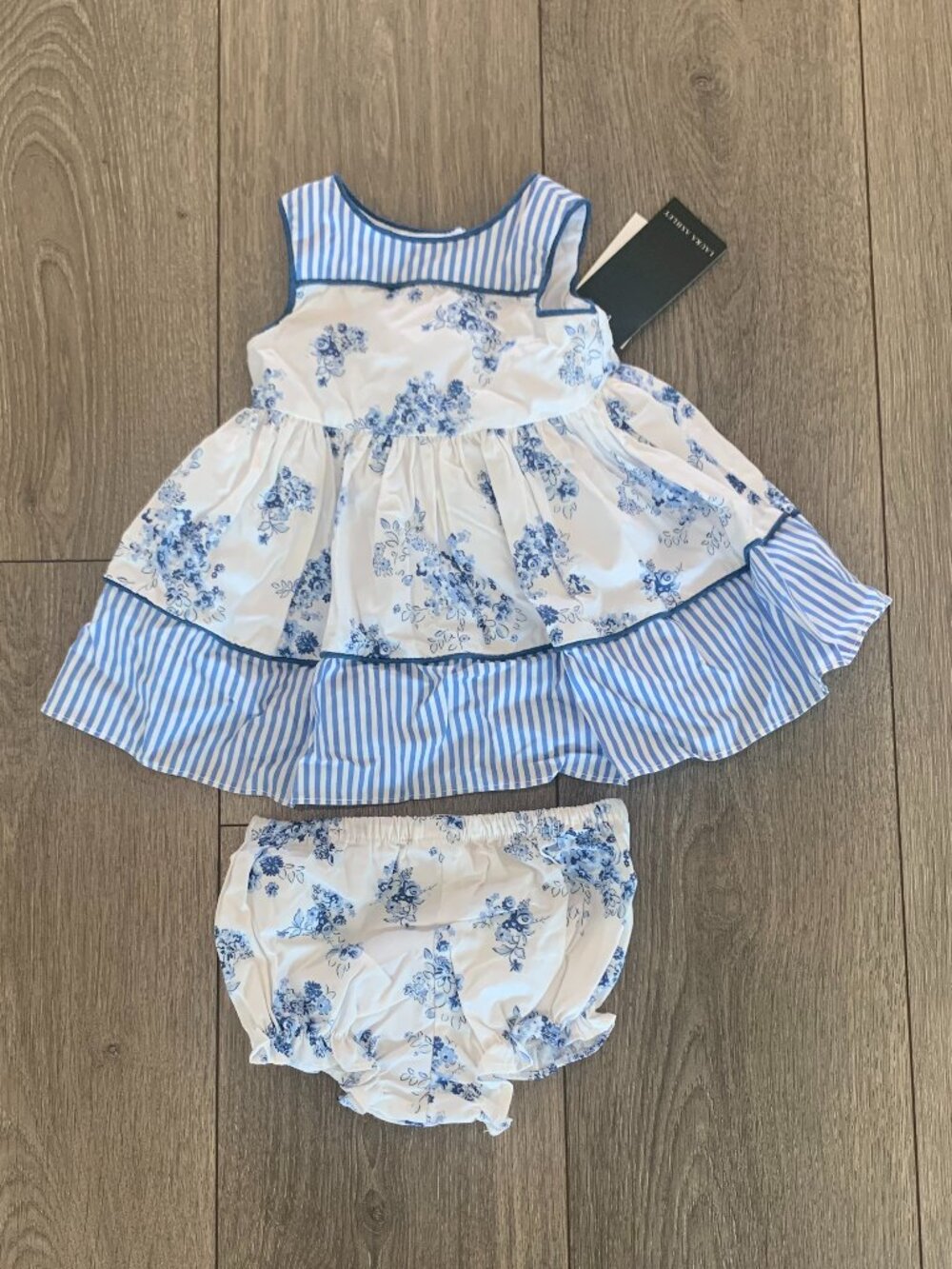 NWT Laura Ashley Lined Baby Dress with Bloomers 100% Cotton Blue and White 0/3M